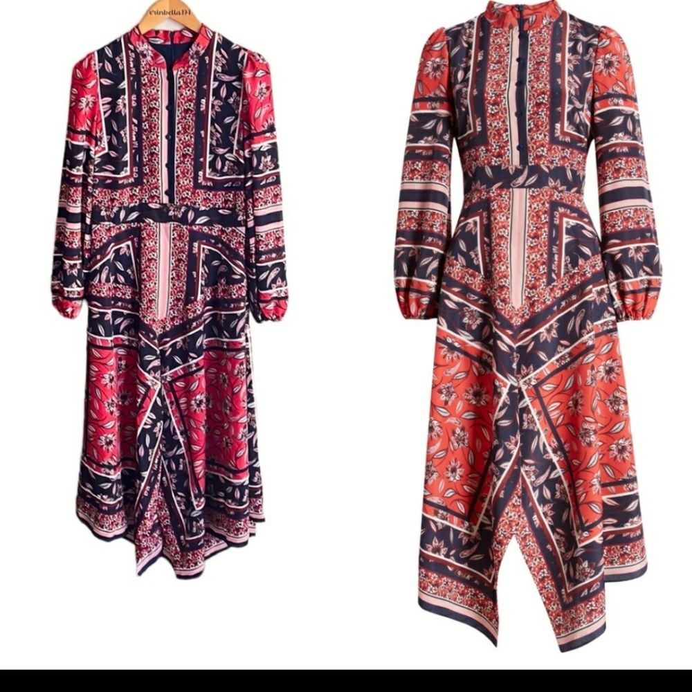 Vince Camuto Scarf Print Handkerchief Hem Long Sleeve Shirtdress